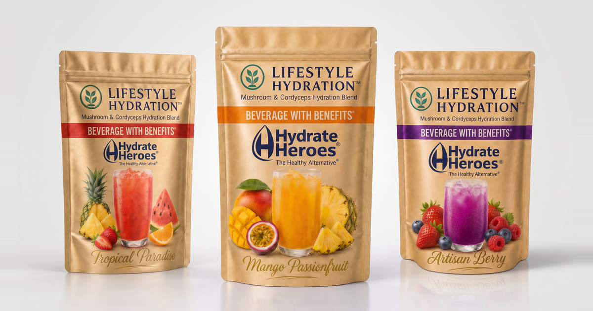 Hydrate Heroes Tropical Paradise, Mango Passionfruit, and Artisan Berry hydration bags
