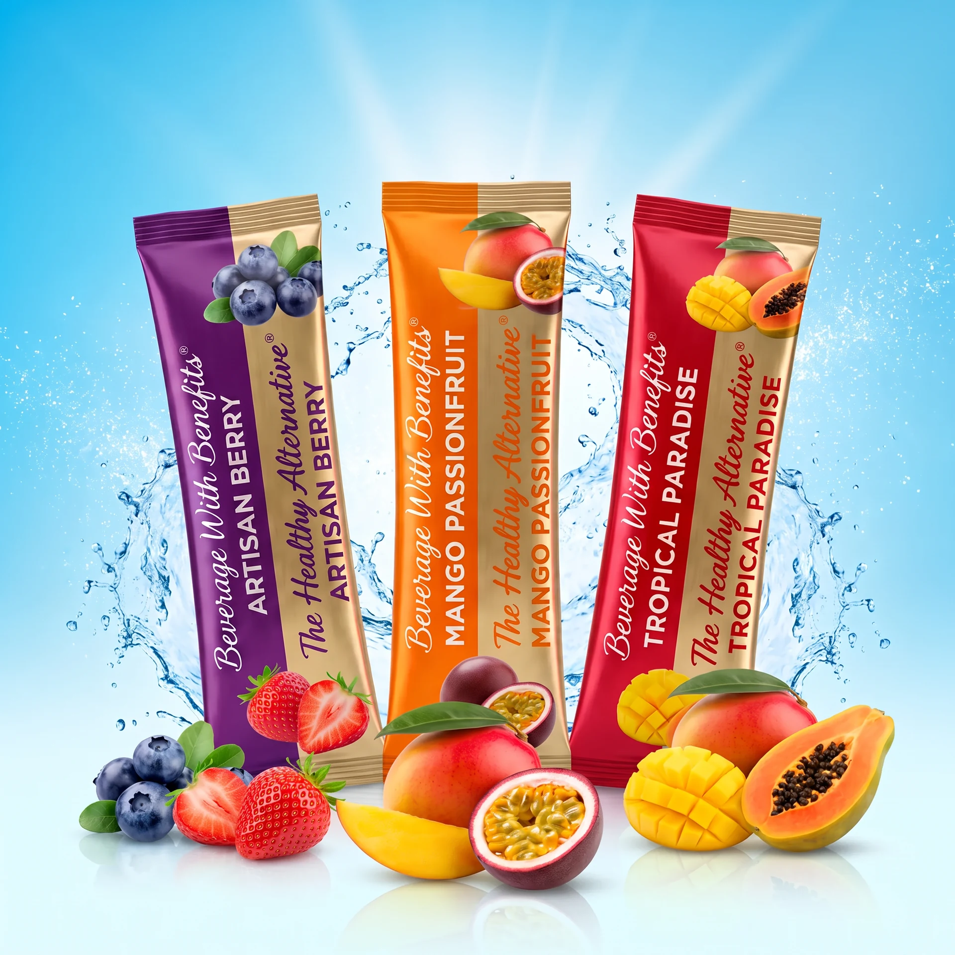 Hydrate Heroes stick packs in all three flavors — Artisan Berry, Mango Passionfruit and Tropical Paradise — with a fresh water splash