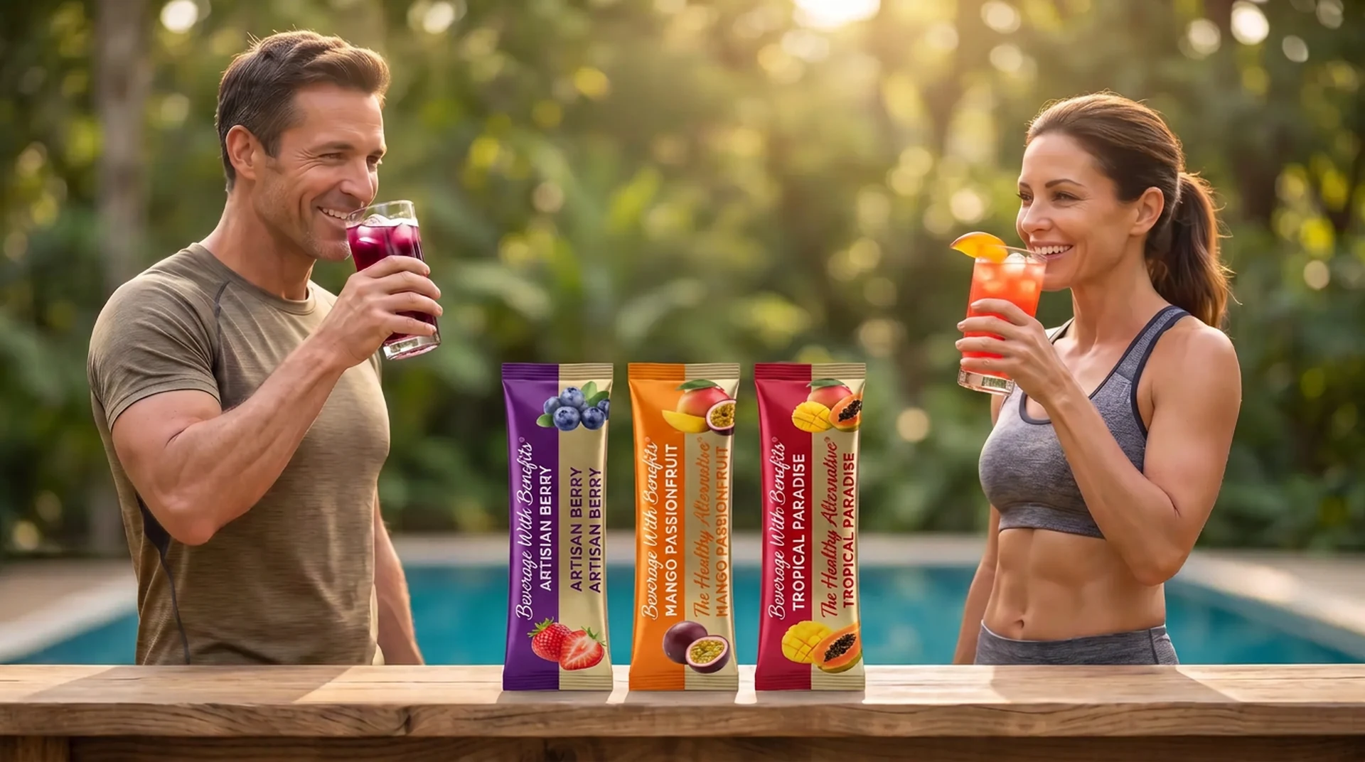 A man and a woman poolside enjoying prepared Hydrate Heroes® drinks, with Artisan Berry, Mango Passionfruit and Tropical Paradise stick packs on the counter