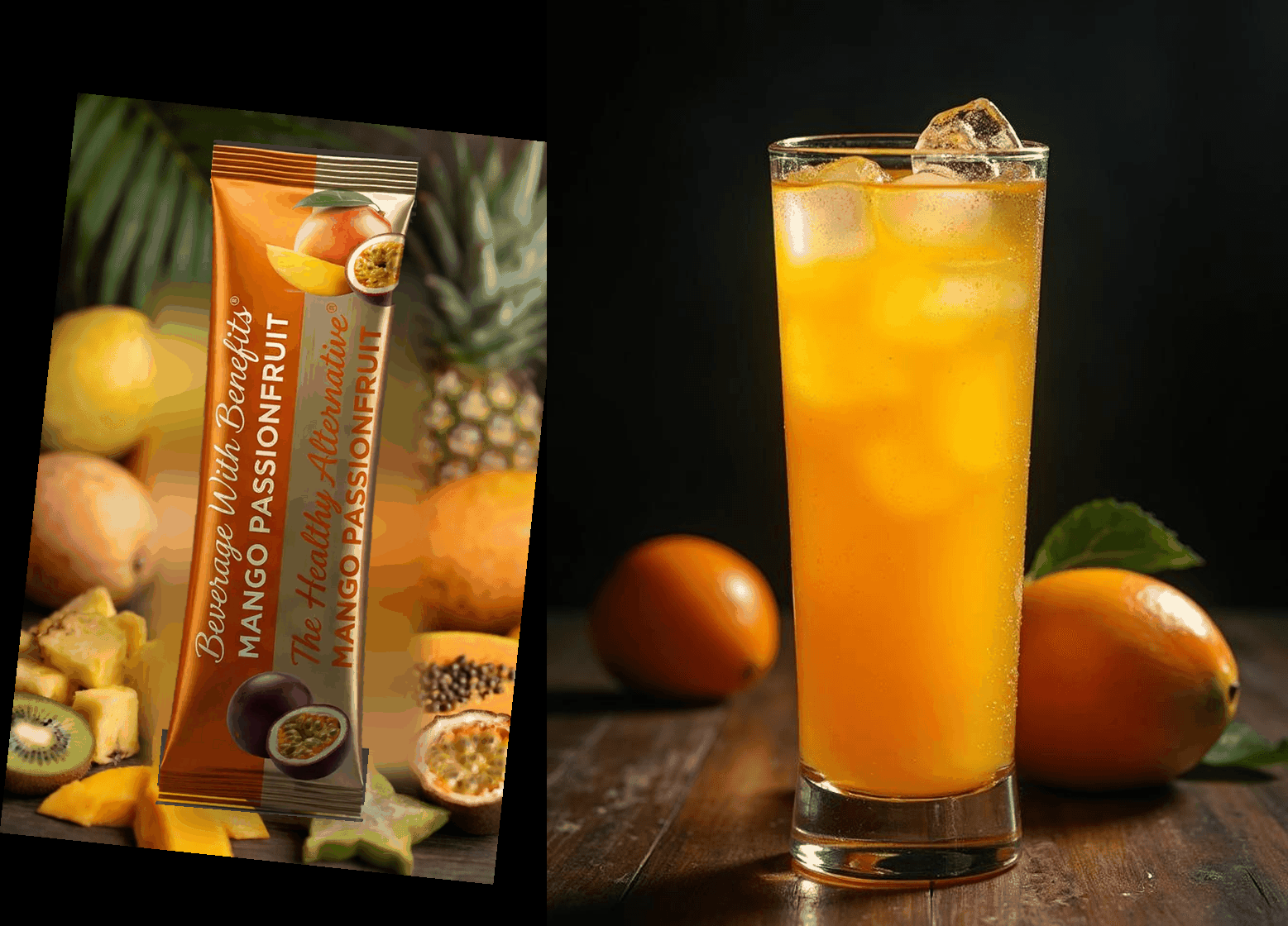 Mango Passionfruit stick pack beside a chilled mango drink — Hydrate Heroes Lifestyle Hydration
